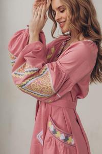 Nouveautés personnalisé femmes été décontracté smocké taille couches ourlet floral brodé lin genou longueur manches régulières vacances - Product Image 3