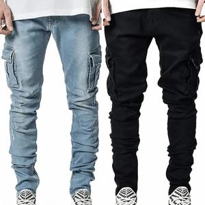 Jeans en denim bleu noir orné de perles, coupe droite skinny empilée pour hommes, pantalon en gros - Product Image 5