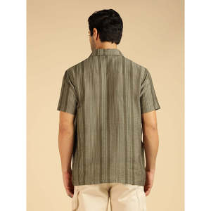 Amanush Olive Green Nylon Striped <b>Men's</b> Casual Short Sleeve Shirt Turn-down Collar Woven Herringbone Summer Style <b>Mens</b> Shirts - Product Image 4