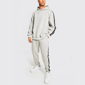 Ensemble jogging à capuche avec bande latérale pour homme, streetwear, deux pièces, tenue décontractée grise, coupe ample, vêtements de détente, survêtement 100% coton - Product Image 5