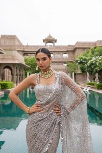 Tradicional nuevo color melocotón diseñador secuencia Georgette trabajo Saree para mujeres ropa de fiesta traje para ocasiones especiales - Product Image 6