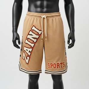 Shorts de basket-ball pour hommes en tissu mesh premium beige crème avec rayures noires et panneaux étoilés, broderie personnalisée et logo imprimé. - Product Image 6