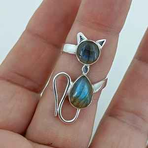 925 Sterling Silver Labradorite <b>Ring</b> Dual Gemstone Handmade <b>Statement</b> Promise Cat Jewelry Gift Inlay Setting Licensed Private - Product Image 3