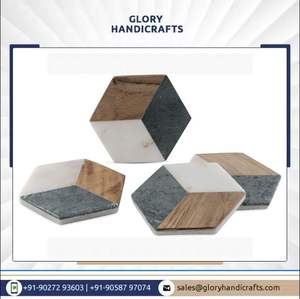 Haute qualité 4 pièces rustique classique blanc base en marbre bois incrustation hexagone géométrique sous-verres fabriqués à la main 5mm tapis et tampons - Product Image 2