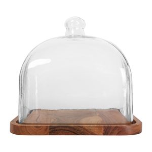 Square <b>Glass</b> cloche <b>dome</b> with mango wood perfect for displaying and preserving <b>cake</b> muffin and baked treats. - Product Image 2