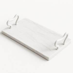 Plateau de service en marbre blanc de luxe poignées en bois incurvées uniques pour cuisine Table à manger décor à la maison élégante hôtesse rectangulaire - Product Image 3