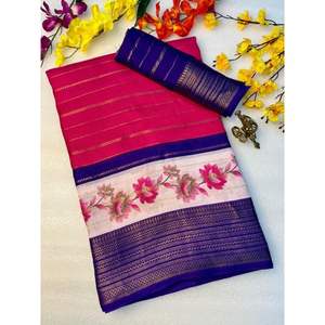 Saree en soie Mysore lourde de qualité supérieure bordure à deux tons et tissage complet saris indiens traditionnels pour fête nuptiale et festivals - Product Image 2