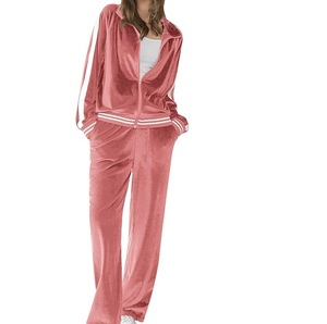 Joggers de terciopelo personalizados, chándal de terciopelo, panel lateral a rayas, de gran tamaño, suelto, transpirable, estampado brillante, con cremallera, conjunto de 2 uds para mujer - Product Image 1