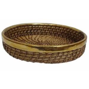 Gold Plated Metal Top And Best Quality Rattan Made Round Shape Fruits And Other Items Serving <b>Tray</b> From India In Lowest Price - Product Image 1