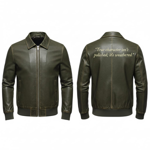 Vêtement d'extérieur de luxe en cuir véritable et toile mauve-taupe, col rabattu unisexe, en peau d'agneau lisse, coupe-vent, respirant, design personnalisé - Product Image 4