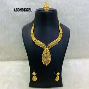 Conjunto de Collar corto festivo elegante para fiesta de boda con pendientes y anillos, joyería de un gramo chapada en oro de 18 quilates - Product Image 1