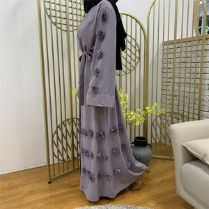 2023 dubaï musulman femmes lin Abaya Satin doublé Ramadan Eid Caftan avec imprimé Hijab robe ouvert devant caftan Islam vêtements - Product Image 4