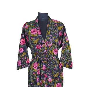 Indian Handmade 100% Pure Cotton Kantha Kimono Jacket Floral Printed Quilted Robe Women <b>Long</b> <b>Summer</b> Wear - Product Image 3