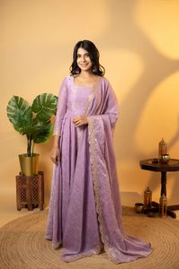 Elegante vestido de fiesta amarillo Anarkali Kurti con Dupatta verde oliva - Product Image 3