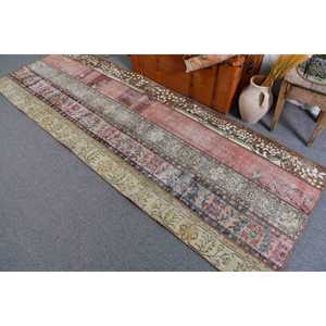 Vintage 3.1x8.9 ft Turkish Rug <b>Runner</b> Style Brown <b>Red</b> Patchwork Wool Rug with Latex Backing Eco-Friendly - Product Image 3