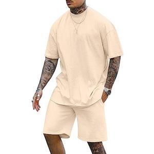 Ensembles de t-shirts et shorts en coton 100% avec logo personnalisé pour hommes, survêtement uni surdimensionné de coupe large, streetwear d'été respirant à la mode - Product Image 1