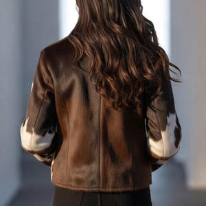 Veste en cuir de vache à imprimé vache pour femmes, style western, fermeture éclair intégrale, texture de fourrure naturelle - Product Image 2