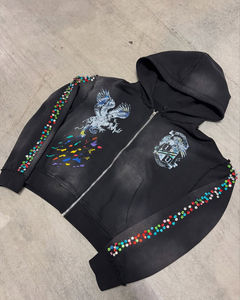 Sudadera con capucha de punto de 500g para hombre con chaqueta con cremallera de lavado ácido Patrón 3D personalizado Diamantes de imitación desgastados DTG Impresión Conjunto de estilo largo - Product Image 3