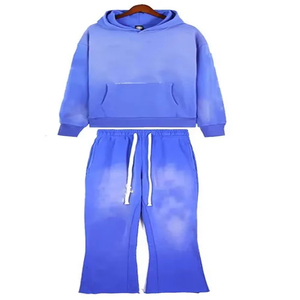 Men's Acid Wash Sun Faded Tracksuit Oversized <b>Hoodie</b> Flared Sweatpants Raw Hem Vintage Streetwear Custom Tracksuit 100% Cotton - Product Image 6