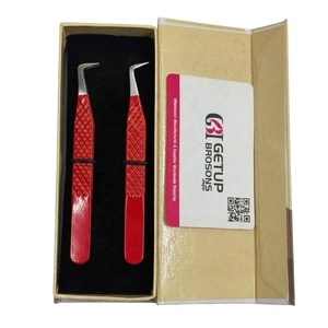 Pince à épiler pour cils GETUP BROSONS IMPEX 90 degrés, couleur rouge foncé, revêtement en poudre antistatique, prise en main parfaite, pointe lisse, 10 mm - Product Image 1
