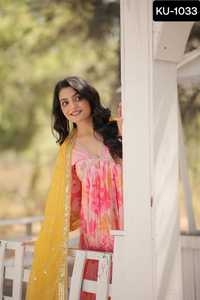 Ropa tradicional india Vestidos de lujo listos para usar de seda rusa con estampado digital con trabajo bordado con borde de encaje de diseñador - Product Image 6