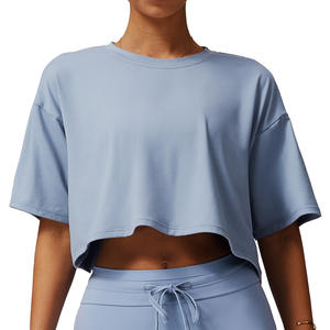 Ropa de fitness, Top corto de entrenamiento, camiseta de manga corta para mujer, cómoda, cuello redondo, informal, suelta, activa, Tops - Product Image 1