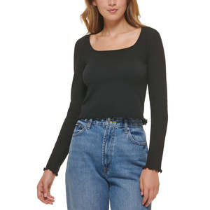 For DKNY Women's Black <b>Square</b> Neck Lettuce <b>Edge</b> Top Size Small with Elegant Lace Decoration - Product Image 1