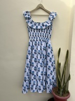 Robe smockée en velours côtelé blanc et bleu à motifs floraux, bretelles à volants, col carré, coupe droite, écologique, coupe trapèze, pour l'été, décontractée, usage quotidien