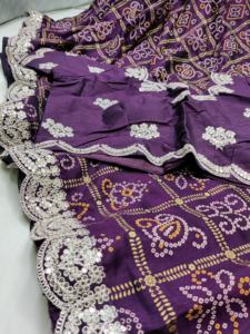 Nuevo trabajo de secuencia de Jari impreso y codificado de Bandhani Bhanej en la frontera para mujeres Sari de seda de fiesta Formal - Product Image 2