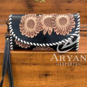 New Arrival Hand Tooled Carving Wallet <b>Clutch</b> Stylish Design of Flowers Phone Case of Wallet Multi Uses Western Leather Wallet - Product Image 1