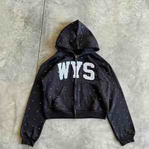 เสื้อฮู้ดมีซิปมีฮู้ดผ้าซักกรดพลอยเทียมแบบปรับแต่งได้เสื้อครอปทรงบ็อกซี่เข้ารูปลายเพชรซีดจางมีซิปรูด - Product Image 2