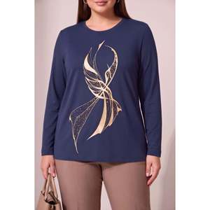 Blusa de punto con detalle de estampado especial, talla grande, color azul marino - Product Image 1