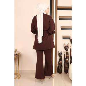 Ensemble décontracté marron 2 pièces MSW19129-5, haut long et jupe midi, tailles XS-XL, en tissu tricoté élasthanne, style club d'hiver, imprimé uni - Product Image 5