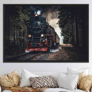 Printed Canvas: 3D Train View, Farmhouse Decor Artwork,BLACK <b>FRAMED</b> CANVAS - Product Image 1