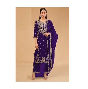 Elegante traje floreciente de Vichitra adornado con viscosa bordada pesada Multi hilo Zari y trabajo de secuencia ropa de fiesta perfecta - Product Image 1