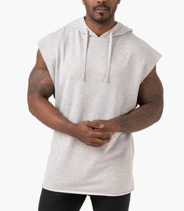 Hot Sale 100% Cotton Men's Sleeveless Hoodie Good Quality Zip Gym Hoody with Drawstring Vest Breathable and Printed Pattern - Product Image 3