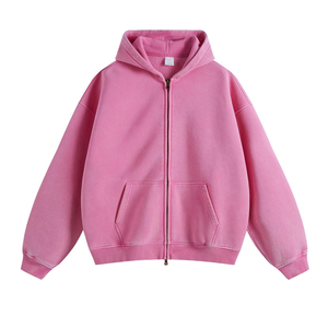 Couleur rose fermeture éclair manches longues hommes pull à capuche personnalisé poids lourd 500 600 Gsm en détresse lavé Vintage hommes sweat à capuche en coton - Product Image 5
