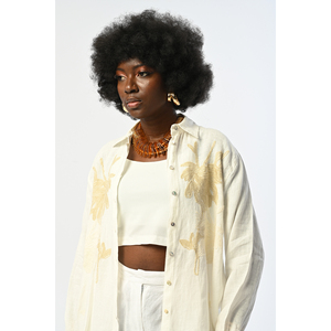 Chemise oversize pour femme en lin 100% de couleur écru, collection de motifs brodés - Product Image 4