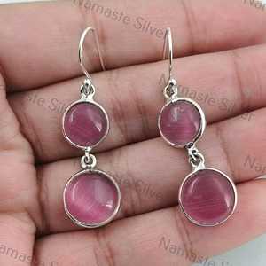 Boucles d'oreilles pendantes en pierre rose Monalisa, argent sterling 925, faites à la main - Product Image 1