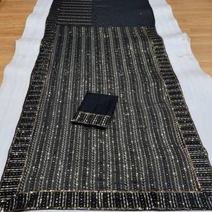Saree en georgette lourde complet avec paillettes de 5mm, travail de broderie Multy (4.4 MTR) livré avec un chemisier en soie mono avec finition en dentelle - Product Image 5