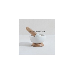 Juego de mortero y Maja de mármol blanco hecho a mano y madera natural para el hogar y la cocina, mortero y Maja vintage de la mejor calidad - Product Image 1
