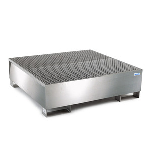 Vasca di raccolta pro-line in acciaio inox per 4 barili, con spazio per il passaggio, con griglia in acciaio inox, 1260x1342x390 - Product Image 1