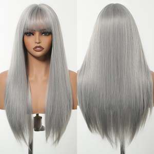 Skylar-DWY High Quality Long Straight Sliver Synthetic <b>Wig</b> Transparent Lace Bangs Small Cap Size 30 Inches Stretched for Women - Product Image 6