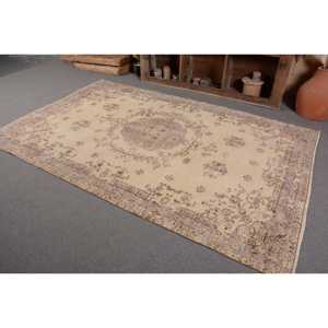 Vintage Turkish Rug 5.8x9.1ft Beige <b>Brown</b> Flat Weave <b>Wool</b> with Patchwork Pattern for Living Room Decorations or Hallway Use - Product Image 3