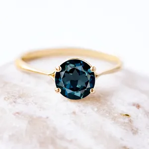 Высокое качество, оптовая продажа, 14 карат, Золотое простое классическое кольцо с четырьмя зубцами, элегантные женские кольца из натурального лондонского синего топаза, Ювелирное кольцо
