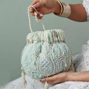 Pochette de mariée bohème Zardozi, sac à main indien fait main pour mariage, fête, luxe, brodé, cadeau, chaînes, perles, vente en gros - Product Image 2