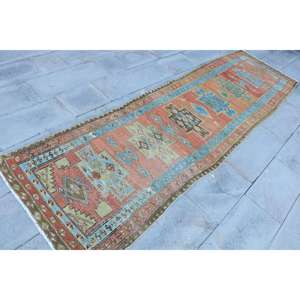 3x10.5 ft Vintage Rug, <b>Runner</b> Turkish Rug, <b>Red</b> Plants & trees Rug - Product Image 3