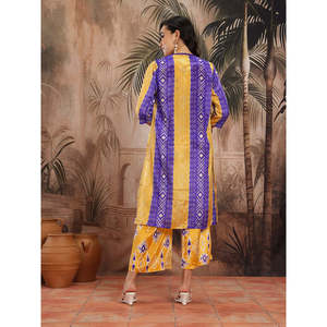 Conjunto de Dos Piezas para Mujer, Top Amarillo Estampado de Satén y Pantalones Palazzo, Talla XS, Manga Tres Cuartos, para Primavera/Verano - Product Image 3