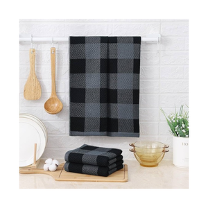 Serviette de cuisine anti-microbienne résistante à la décoloration, en coton tissé, rectangulaire, écologique, lavable en machine, motifs à carreaux noirs et gris - Product Image 1