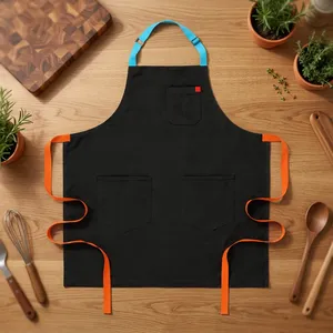 Delantal de Lona Negro con Tirantes Naranjas, Resistente, Reutilizable, sin Mangas, con Múltiples Bolsillos para Artículos de Limpieza y Uso Diario - Product Image 1